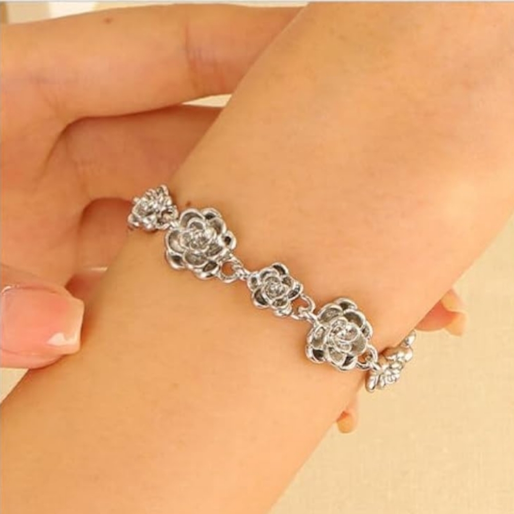 Camellia Rose Silver Flower Link Bracelet Floral Links 3D Flowers Roses New